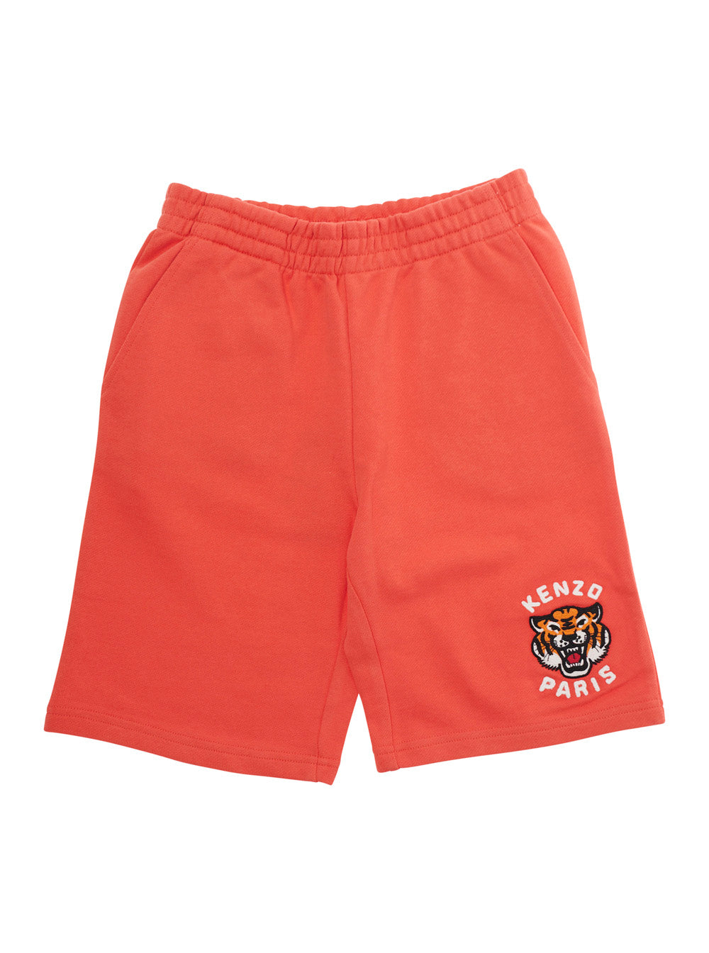 Red Cotton Bermuda Shorts With Elastic Waist And Logo On Front For Kids