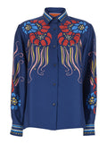 Silk Shirt with Classic Collar and Multicolor All-Over Print for Women Blouses