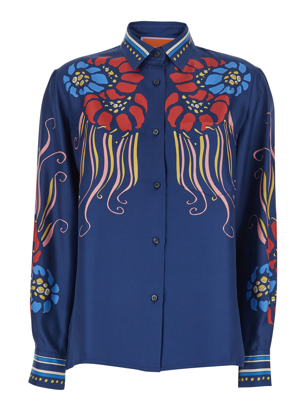 Silk Shirt with Classic Collar and Multicolor All-Over Print for Women Blouses