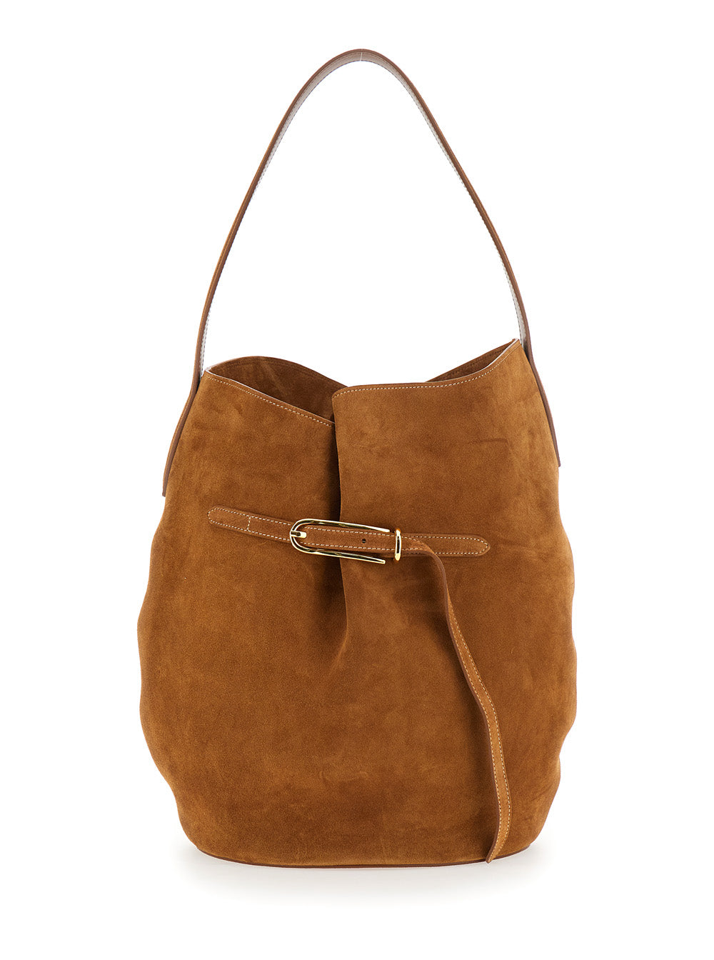 Shoulder Bag Belted Bucket Large Cow Suede in Brown Leather for Women