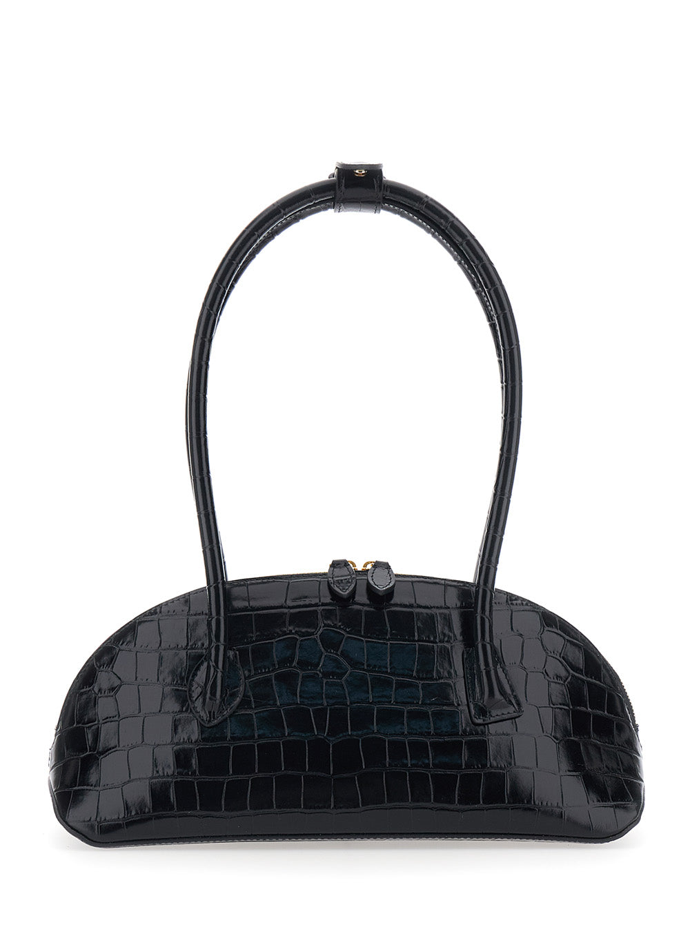 Shoulder Bag Ew Dome with Round Top Handles and Crocodile-Effect in Black Leather for Women Calf