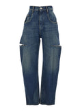 Blue Five-pocket design Jeans with Rips in Cotton Denim Woman Blu