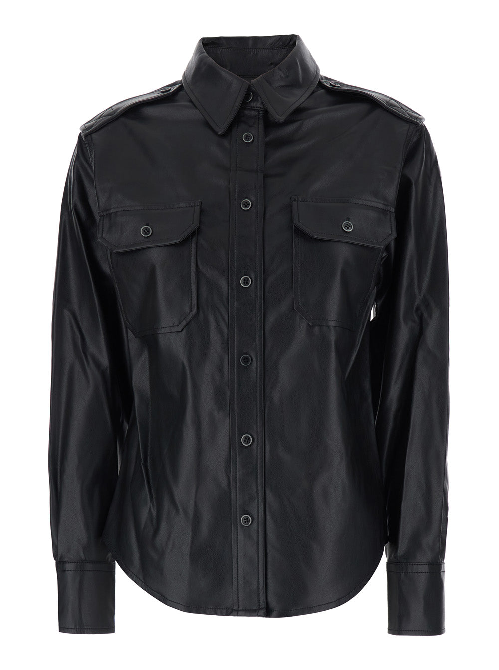Shirt Noee with Classic Collar and Applied Pockets on the Front in Black Ecoleather for Women Polyurethane Blouses