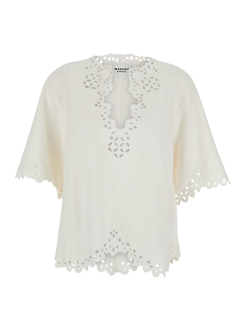 Shana Caftan with Cut-Out Details and Scalloped Hem in White Cotton for Women Shirts Blouses
