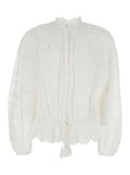 Polly Dress with Choker Neckline and Adjustable Waist Drawstring Pompon in White for Women Cotton Shirts Blouses