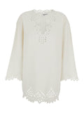Dress Sherazade Crew Neck with Cut-Out Details and Scalloped Hem in White Cotton for Women Beachwear