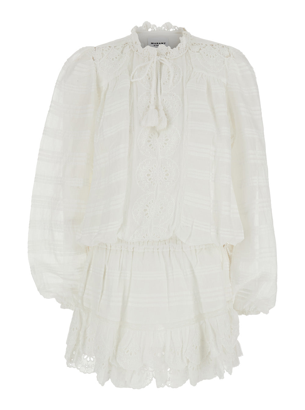 Short Dress Preya with All-Over Embroidery and Tassel Detail in White Cotton Blend for Women Polyester