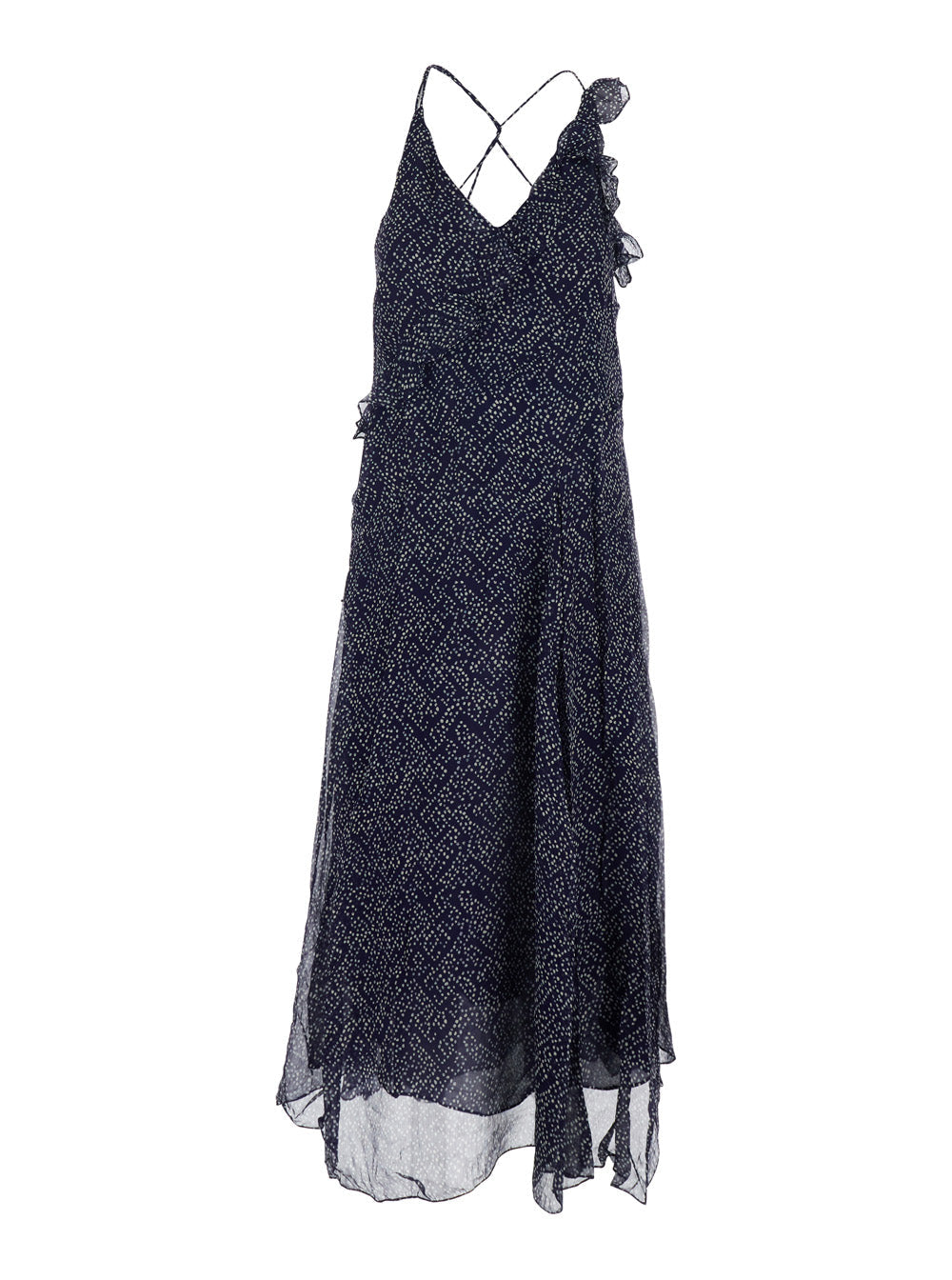 Dress Luxie Flared with V-Neck Ruffles and All-Over Print in Blue Viscose for Women Blu Long