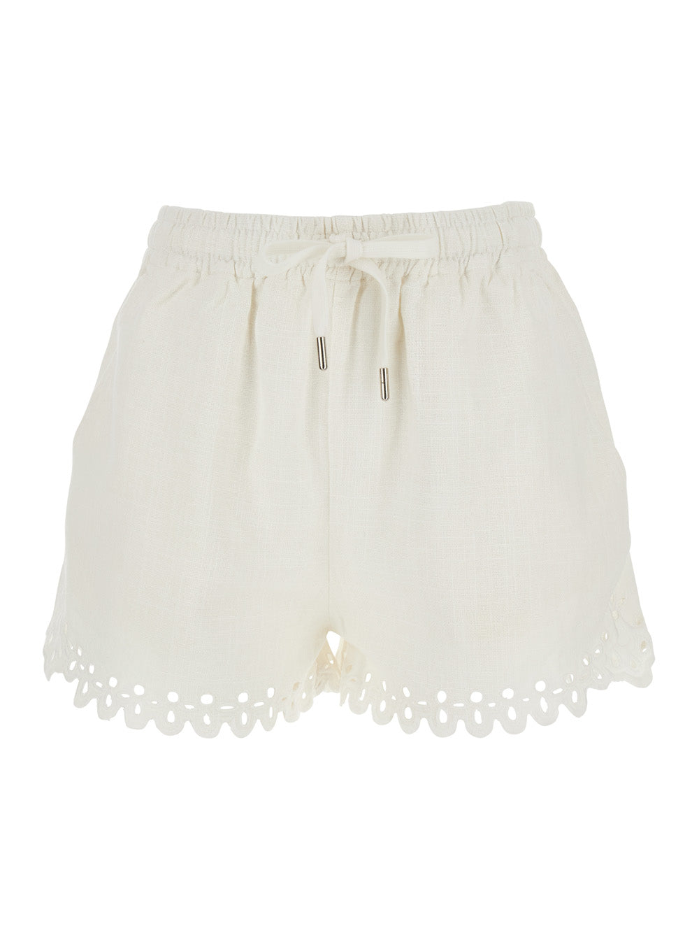 Balyme Shorts with Elastic Waist and Drawstring Scalloped Hem in White Cotton for Women Bermuda