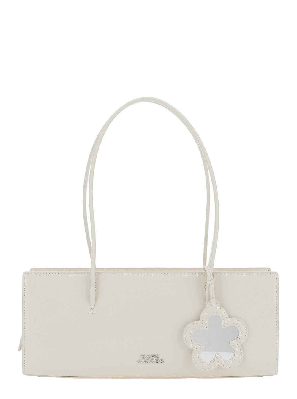 Shoulder Bag The Mirror Satchel with Logo on Front and Flower Pendant in White Leather for Women Cow