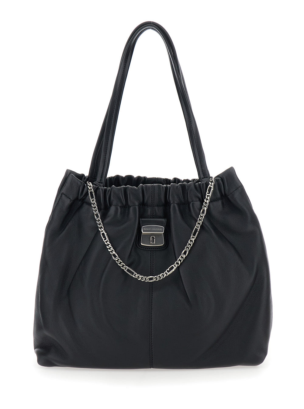 Shoulder Bag The Tote with Chain Detail and Drawstring Closure in Black Leather for Women Lamb