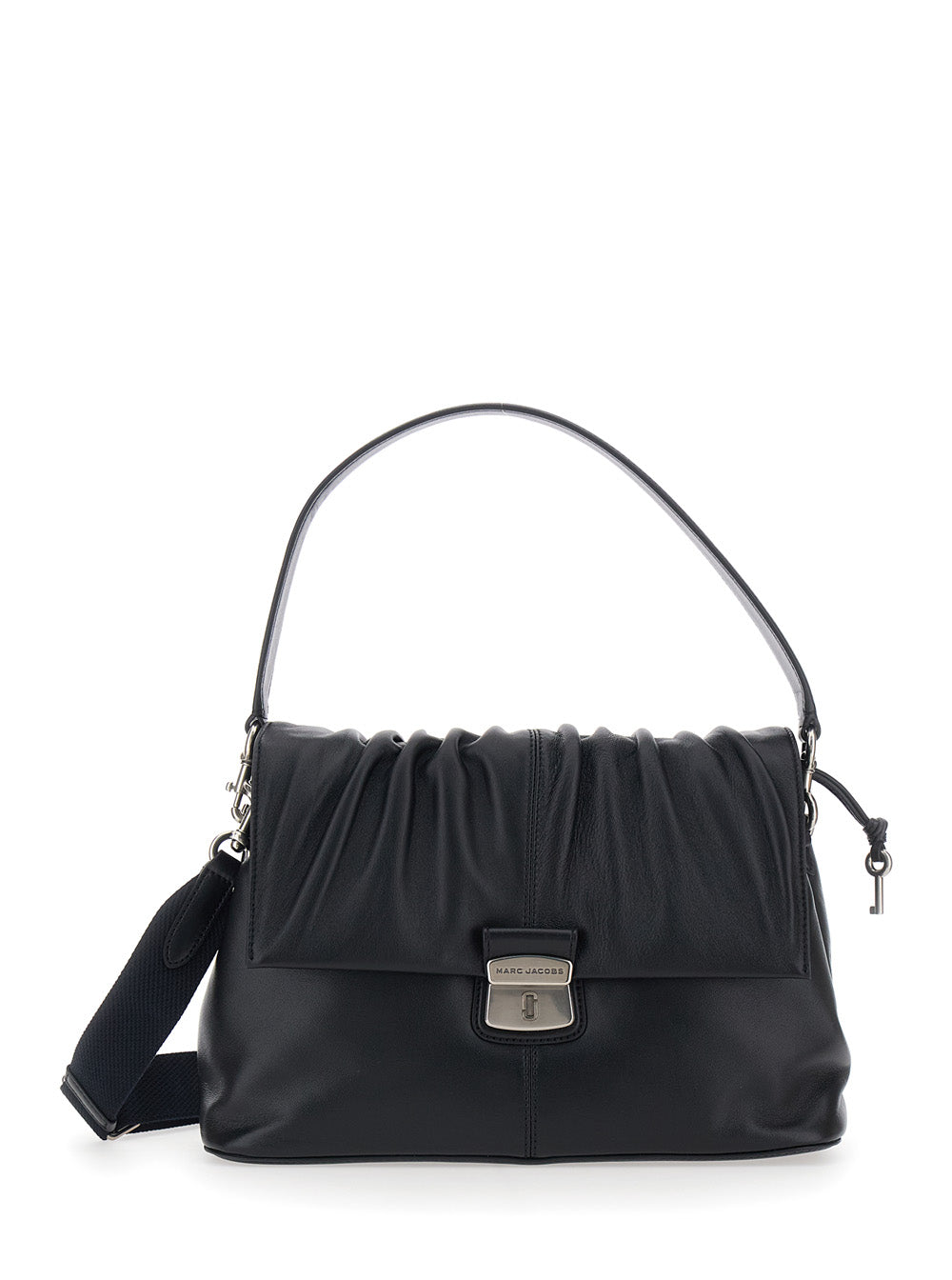 Shoulder Bag The Messenger with Ruching Design and Leather Logo Lettering for Women Black Lamb