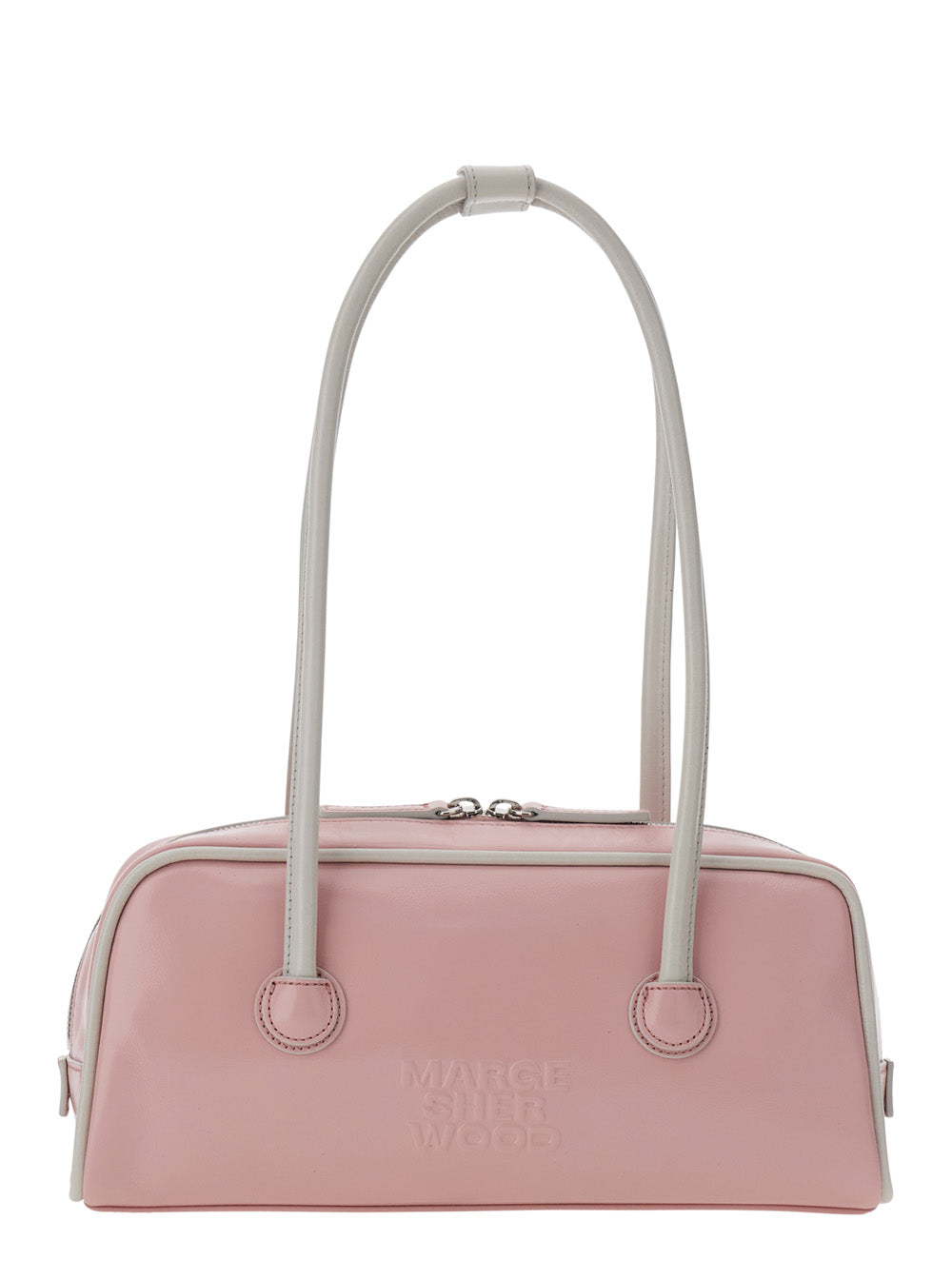 Shoulder Bag SOFT BAGUETTE (PIPING) Pink with Grey Leather Details Cow