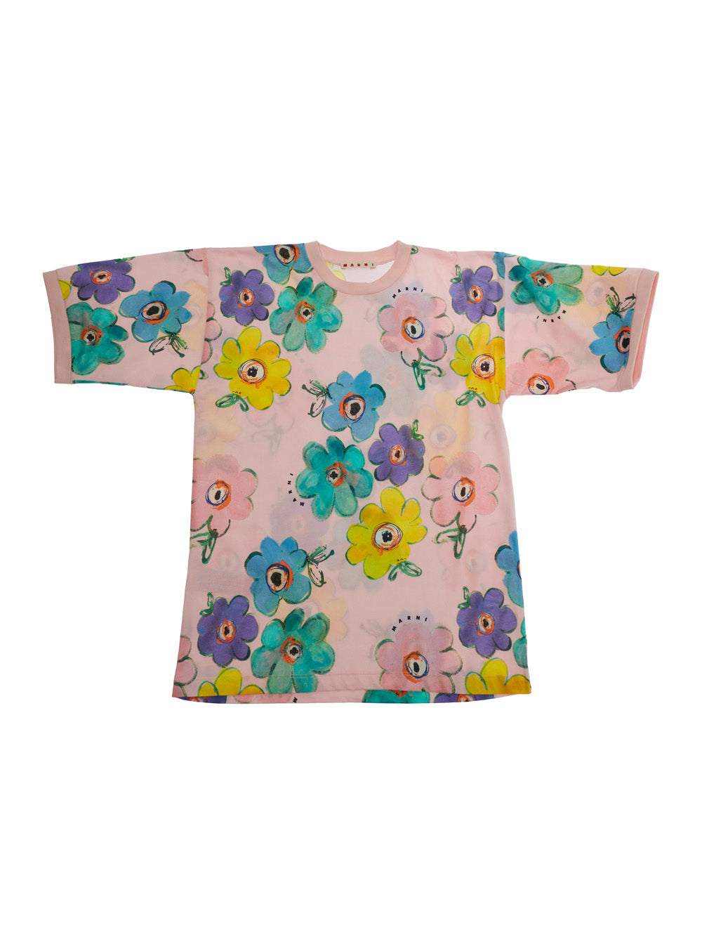 Round Neck Floral Dress with All-Over Motif in Multicolor Cotton for Girls