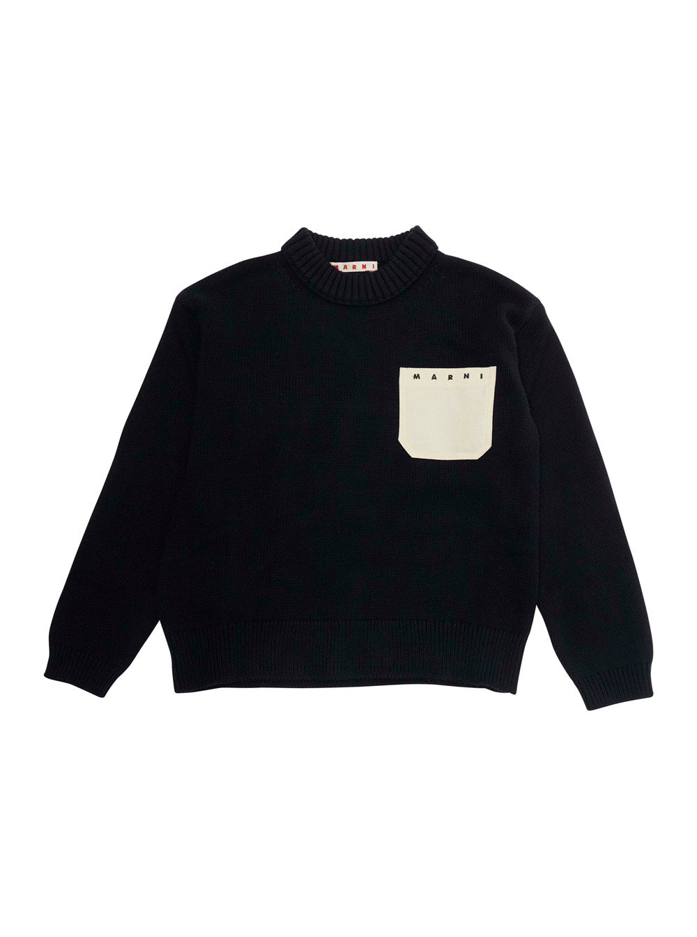 Crew Neck Sweater with Applied Pocket on the Front and Lettering Logo in Black Cotton for Kids Jersey