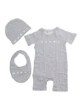 Baby Romper with Coordinated Hat and Bib Logo Lettering Print on the Front in Grey Cotton Suits