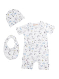 Baby Bodysuit Set with Hat and Bib in White All-Over Print Cotton Suits