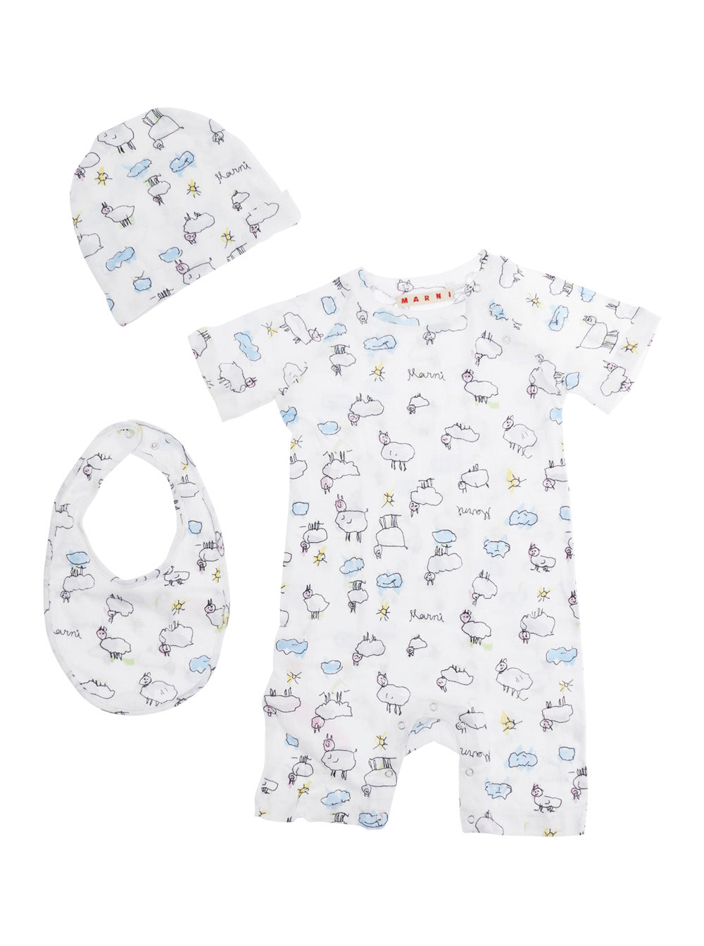 Baby Bodysuit Set with Hat and Bib in White All-Over Print Cotton Suits