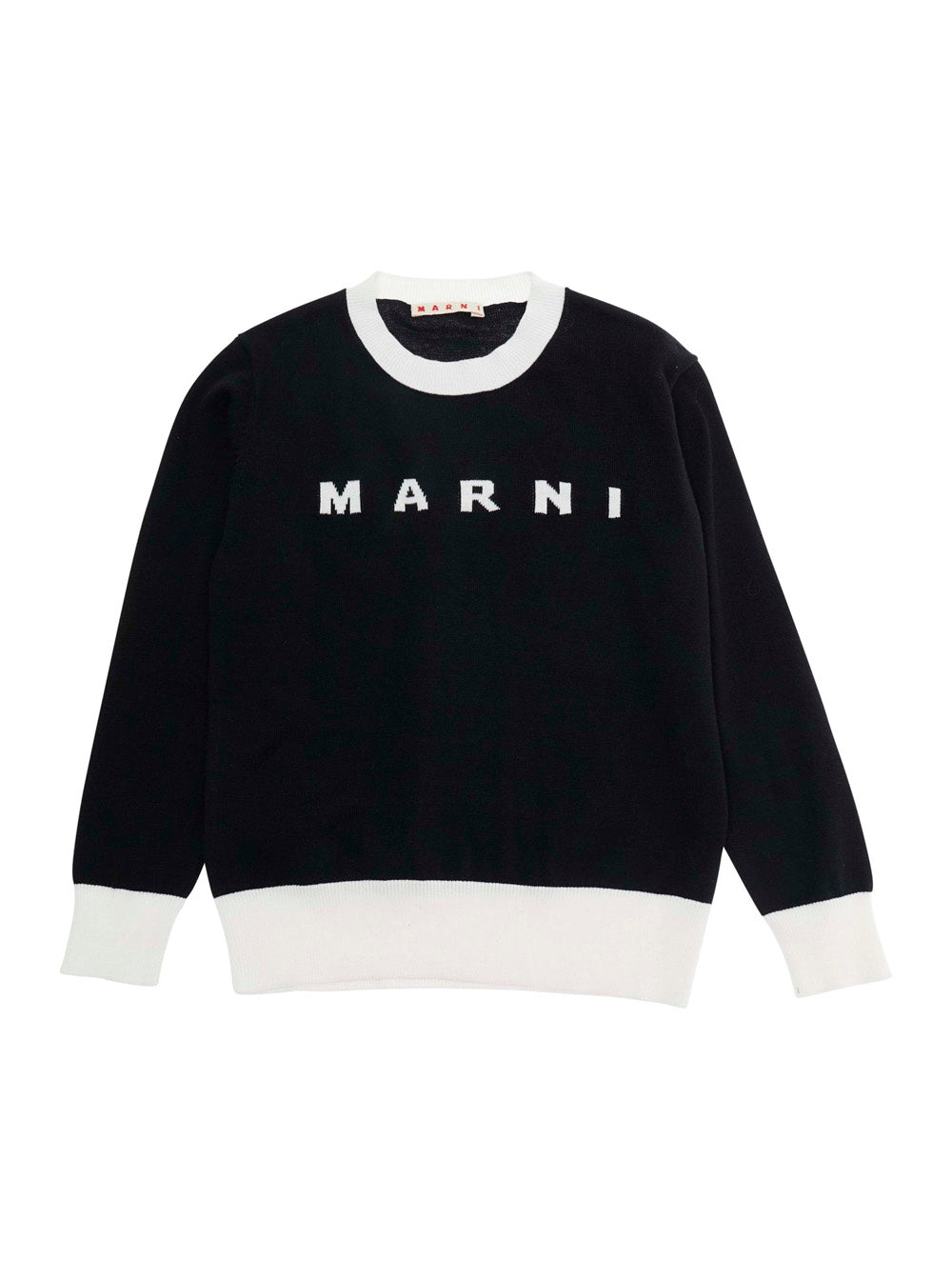 Crew Neck Sweater with Logo Lettering on the Front and Contrast Finishes in Black Cotton for Kids Jersey