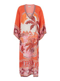 CAFTAN KEIRA - Dress with V-Neck and Long Sleeves in Red Modal for Women Beachwear
