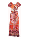 Long Dress PEONY with V-Neck and Short Sleeves in Red Modal for Women
