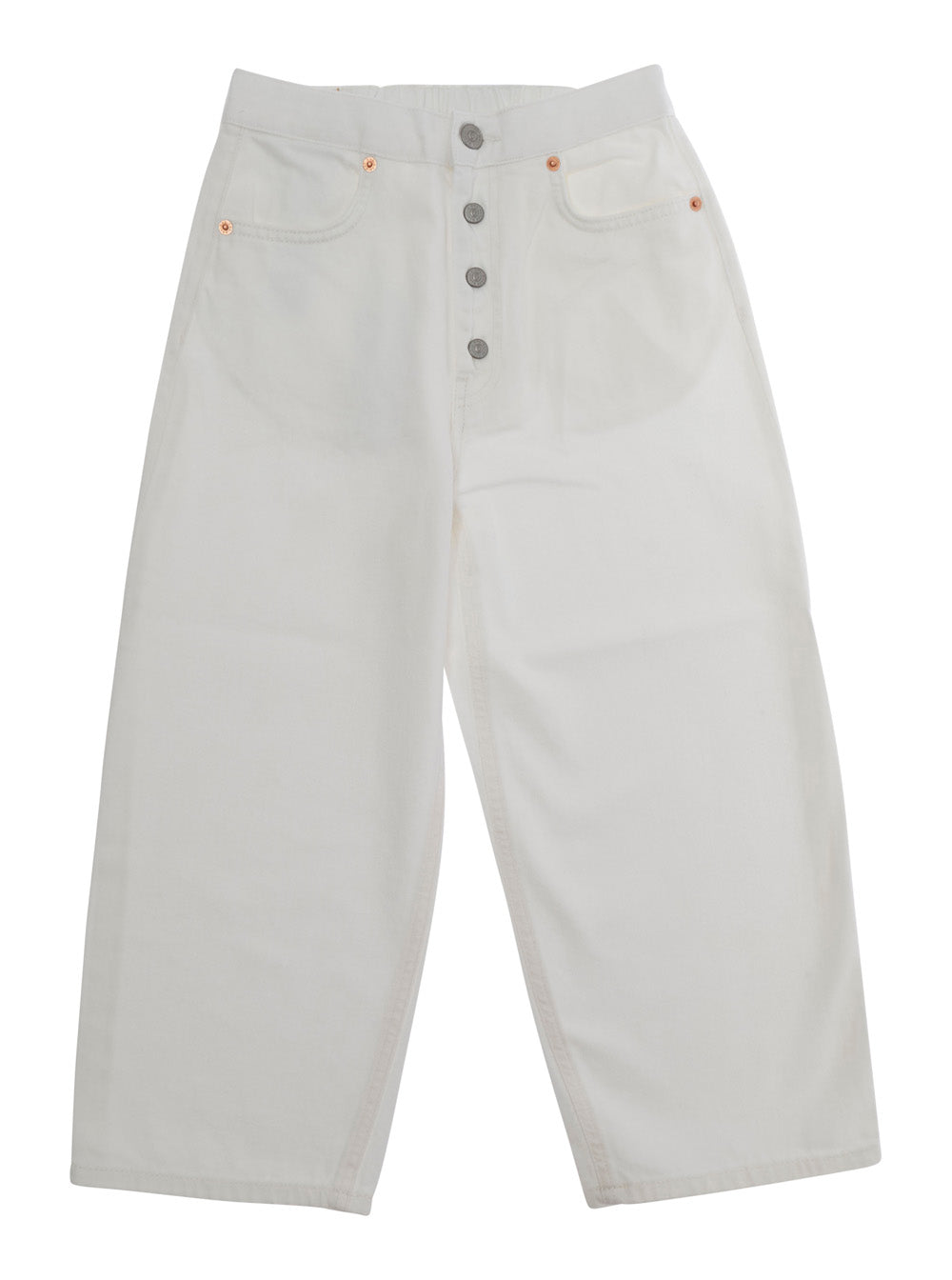 White Cotton Pants with Elasticized Back Waist and Logo Patch on the for Kids Trousers