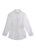 White Shirt with Pointed Collar and Lettering Logo on Front for Girls Cotton Blouses