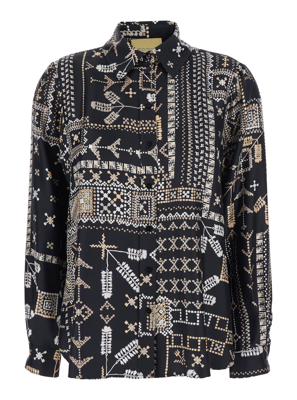 Black Silk Shirt with Pointed Collar and All-Over Print for Women Blouses