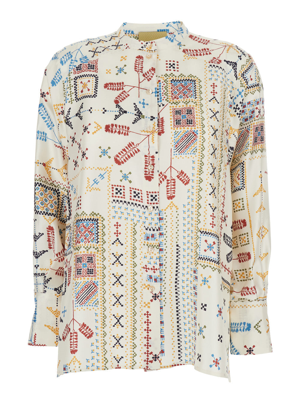 Shirt with Raised Collar and All-Over Multicolor Print for Women Silk Blouses