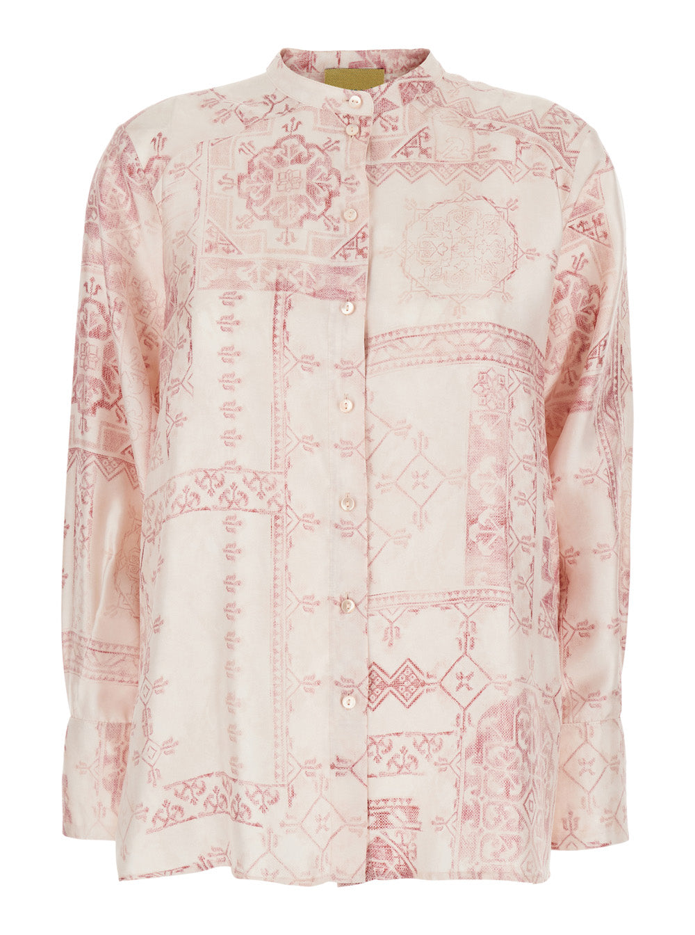 Shirt with Raised Collar and All-Over Print in Pink Silk for Women Blouses