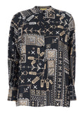 Black Silk Shirt with Raised Collar and All-Over Print for Women Multicolor Blouses