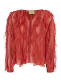 Blouse Canela with V-Neck and Ruches Design in Red Viscose Silk for Women Shirts Blouses