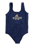 One-Piece Swimsuit Logo with Square Neckline and Print on Front in Tech Fabric Blue Girl Blu Polyamide Elastane Beachwear