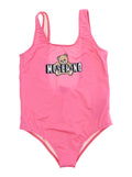 One-Piece Swimsuit MOSCHINO KIDS with Square Neckline and Logo Print on the Front in Pink Tech Fabric for Girls Polyamide Elastane Beachwear
