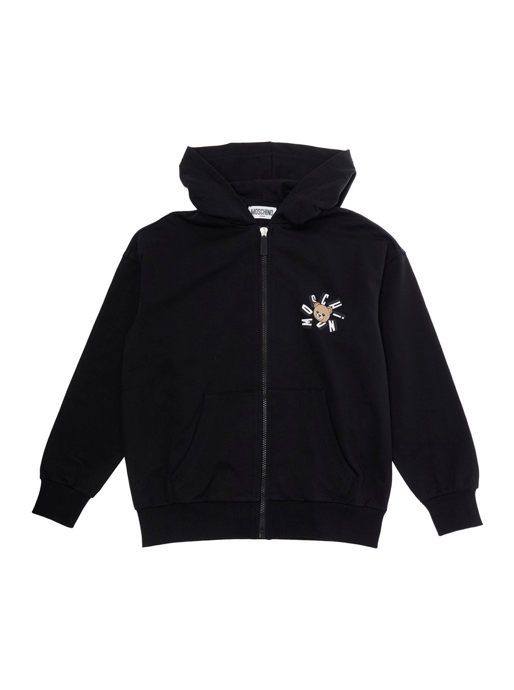 Black Hoodie with Fixed Hood and Front Logo for Kids Cotton Sweatshirts