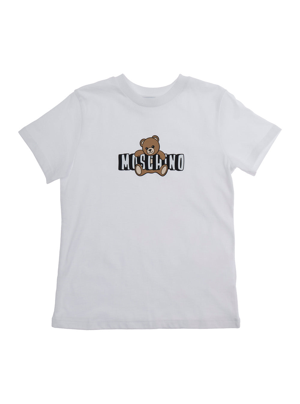 Crew Neck T-Shirt MOSCHINO KIDS with Logo Print on Front in White Cotton for Tshirts And Polo Shirts