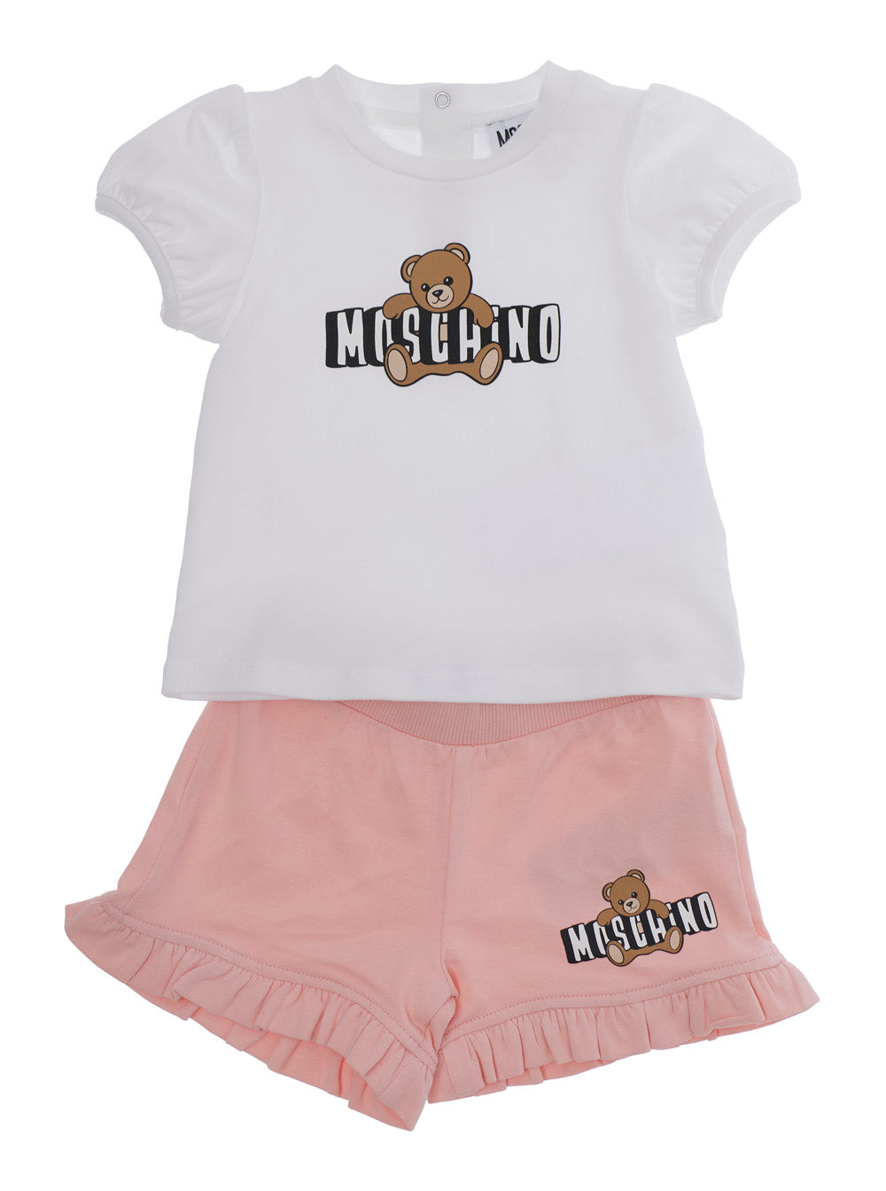 White and Pink T-Shirt Shorts Set with Logo on the Front in Cotton Stretch Baby Elastane Suits