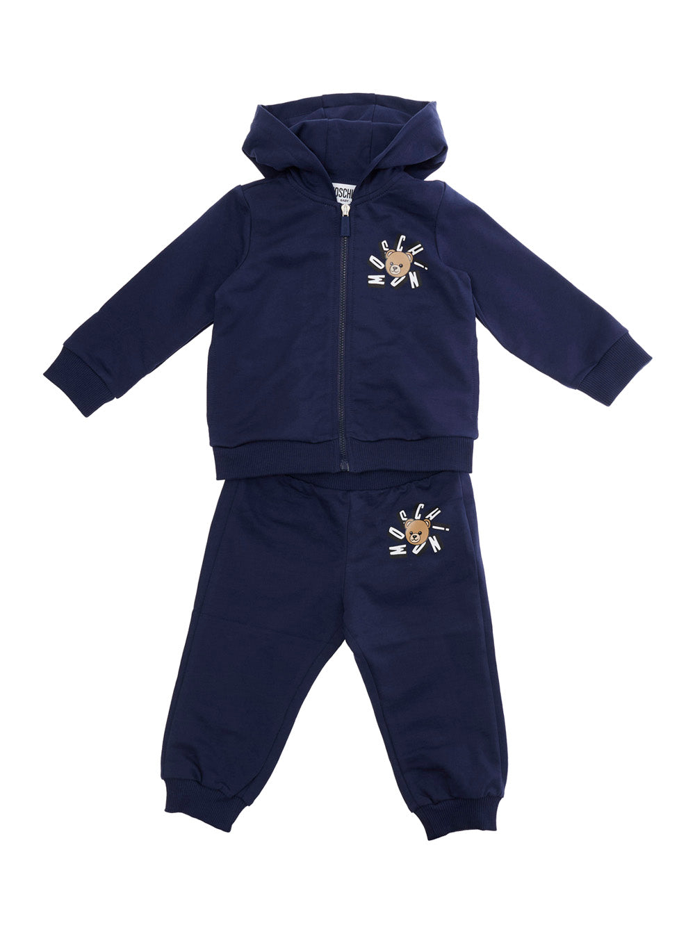 Blue Tracksuit with Fixed Hood and Front Print in Baby Cotton Blu Suits
