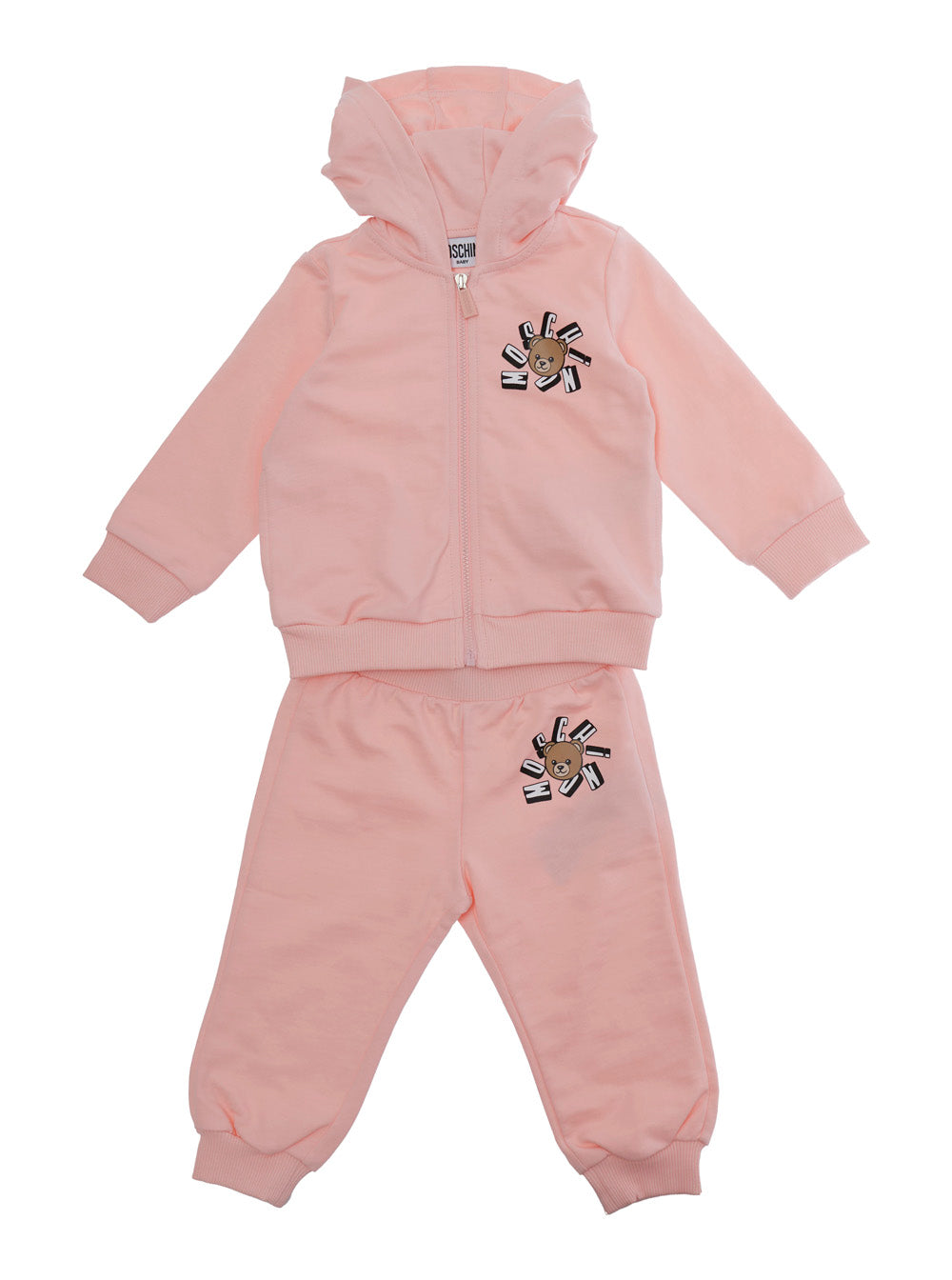 Hooded Jumpsuit with Fixed Hood and Front Print in Baby Pink Cotton Suits