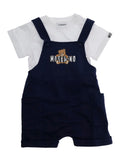 T-Shirt and Overalls Set with Teddy Bear on the Front Lettering Logo Sleeve in Baby Blue Cotton Blu Suits