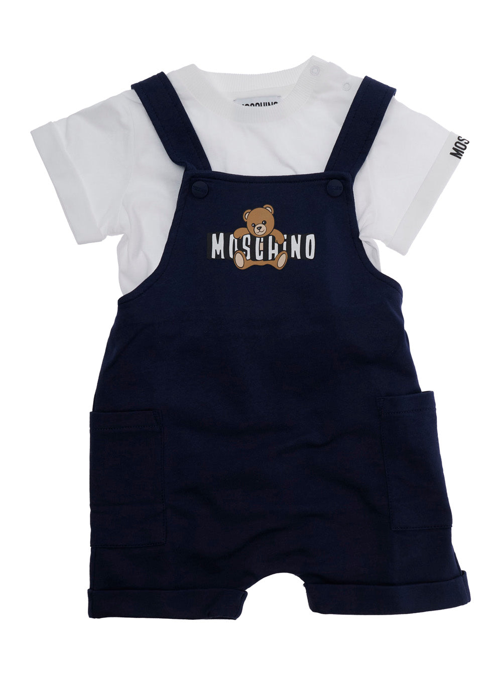 T-Shirt and Overalls Set with Teddy Bear on the Front Lettering Logo Sleeve in Baby Blue Cotton Blu Suits