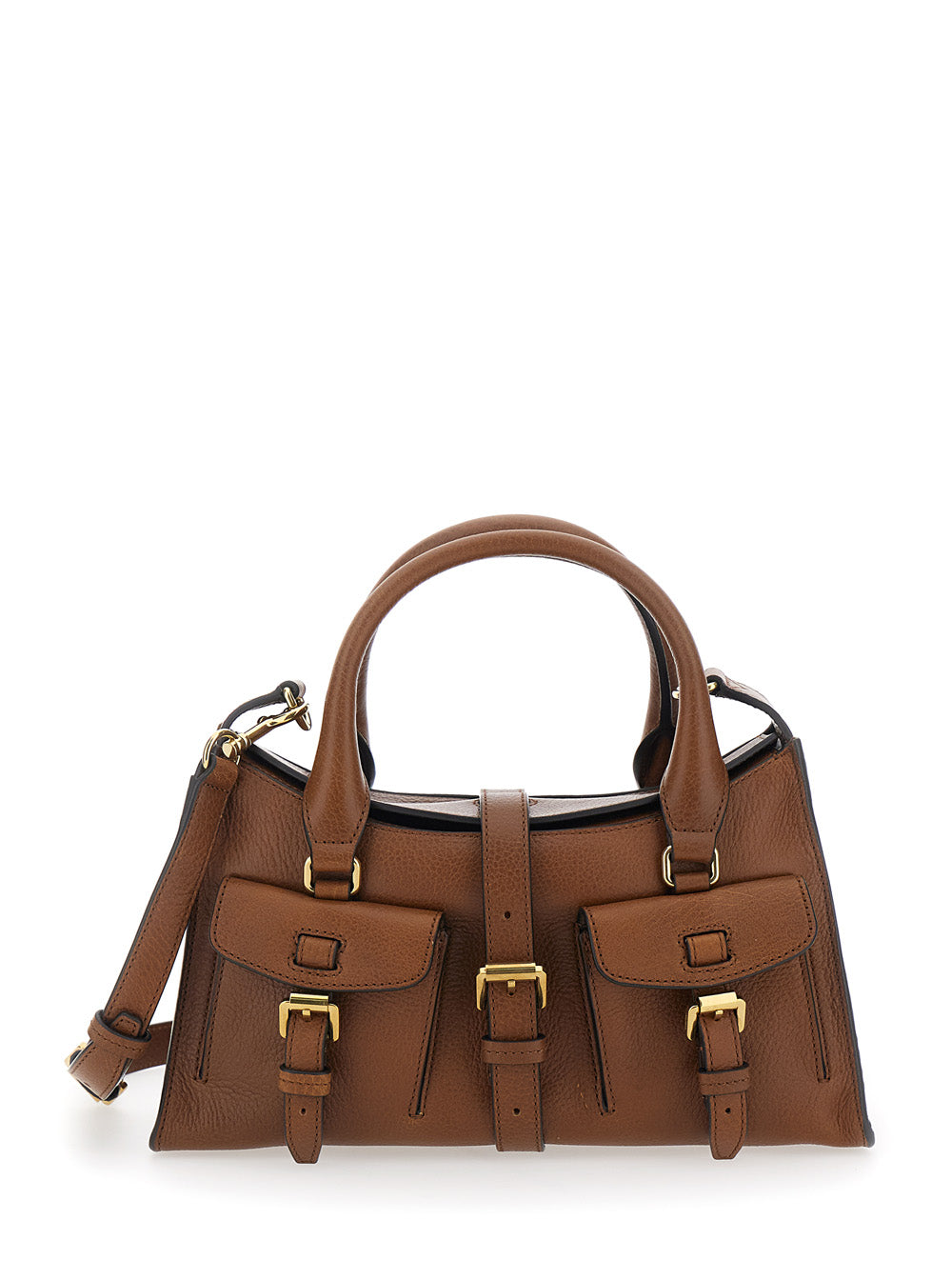 Small Roxanne Handbag with Adjustable and Removable Shoulder Strap Two Front Pockets in Brown Leather for Women Calf Hand Bags