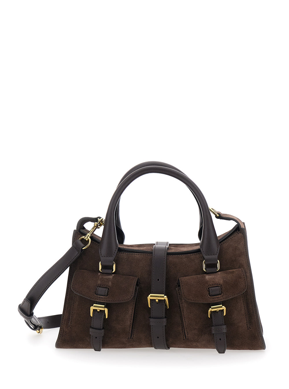 Small Roxanne Handbag with Adjustable and Removable Shoulder Strap Two Front Pockets in Brown Suede for Women Calf Hand Bags