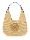 Small Shoulder Bag Nolita with Leather Logo on Front and Raffia Weave Design Beige Women Polypropylene