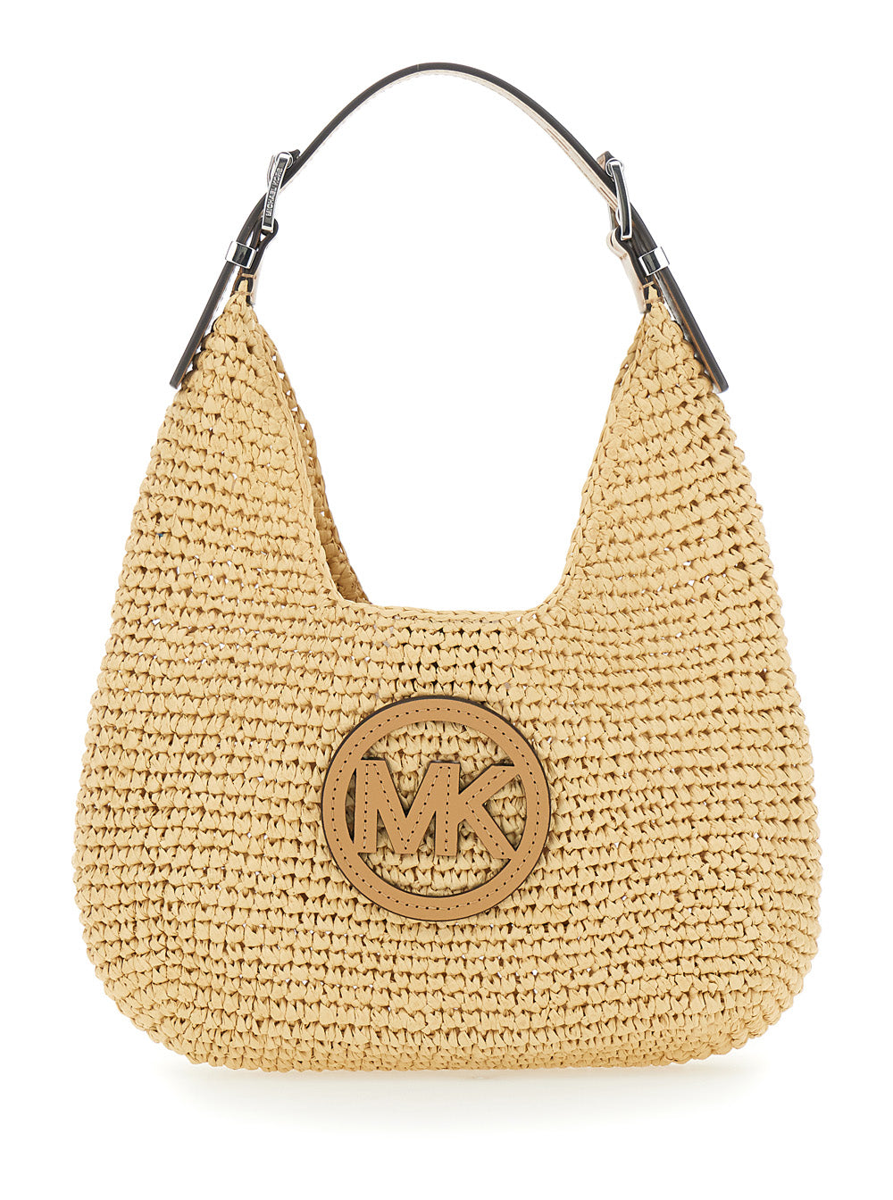 Small Shoulder Bag Nolita with Leather Logo on Front and Raffia Weave Design Beige Women Polypropylene