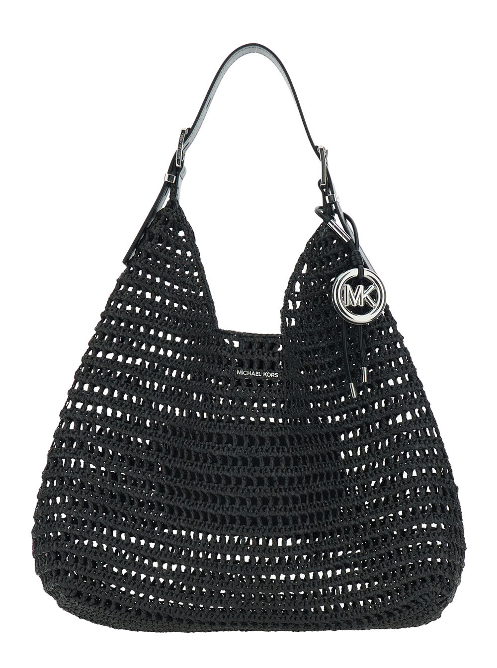 Large Shoulder Bag with Top Handle in Black Raffia Weave for Women Polypropylene