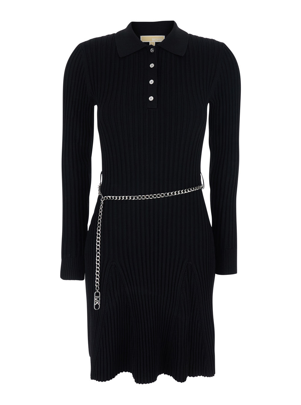 Flared Dress With Polo Collar And Chain On The Front Black Viscose Blend For Women - XS