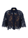Black Shirt with Classic Collar and Lace Design in Tech Fabric for Women Blu Nylon Cotton Blouses