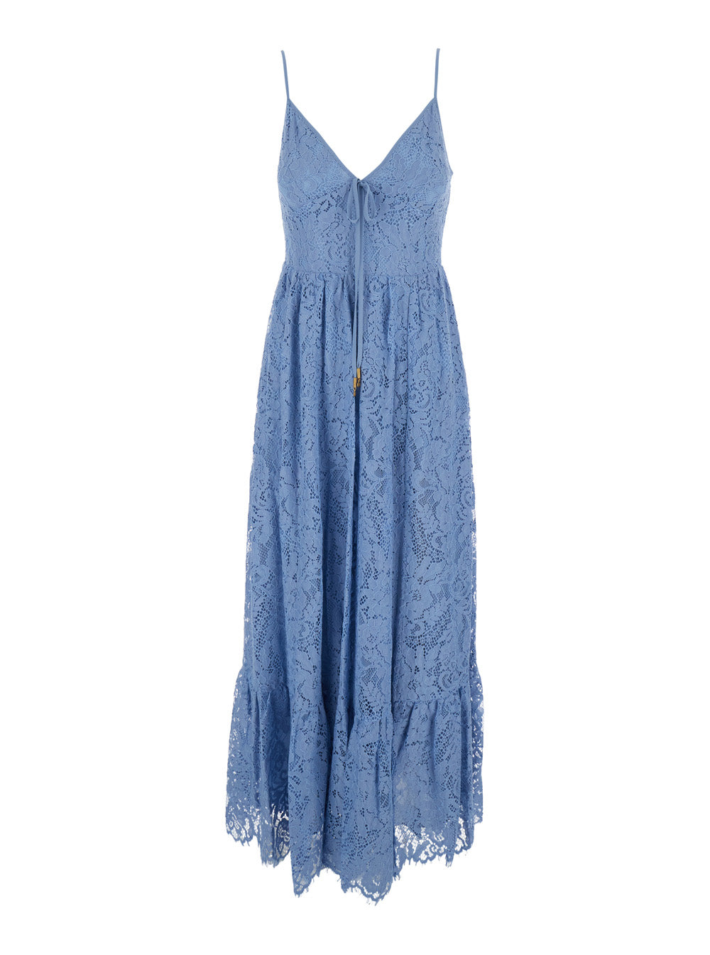 Long Dress with V-neck and Lace Design in Blue Cotton Blend for Women Light Nylon