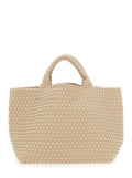 Handbag St Barths Media with Intreccio Design in Beige Fabric for Women Handwoven Neoprene Hand Bags